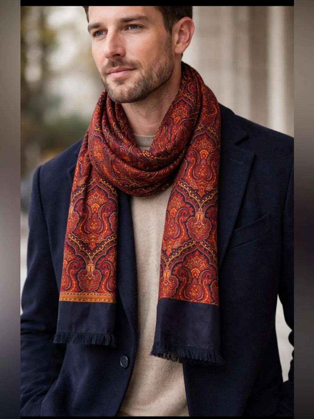 Vintage Italian Paisley Wool and Silk Scarf Red Orange Gold With Navy Fringe Lux